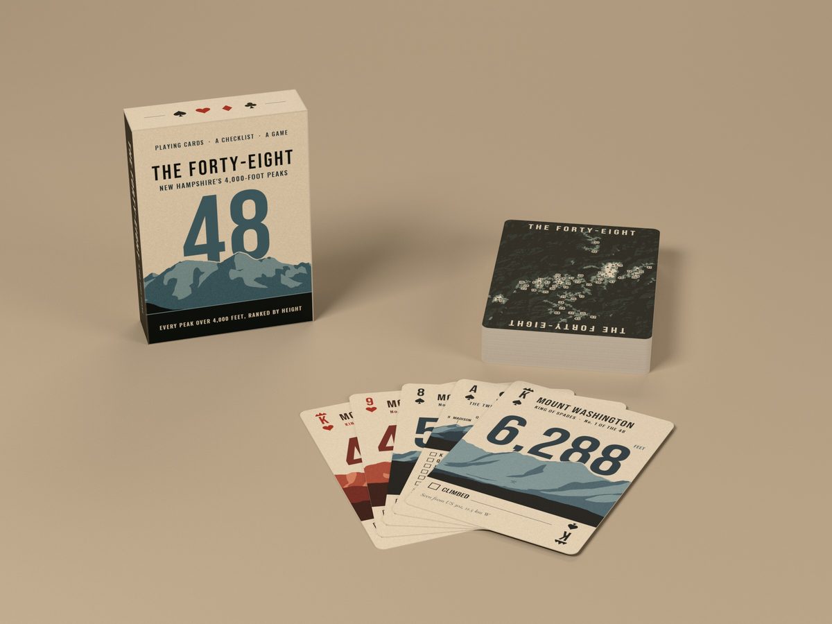 The Forty-Eight: the box with the big 48, the deck, and five fanned cards with Mount Washington's 6,288 and its CLIMBED box