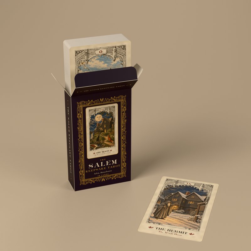 The open tuck box with The Fool rising out of it, and The Hermit on the table