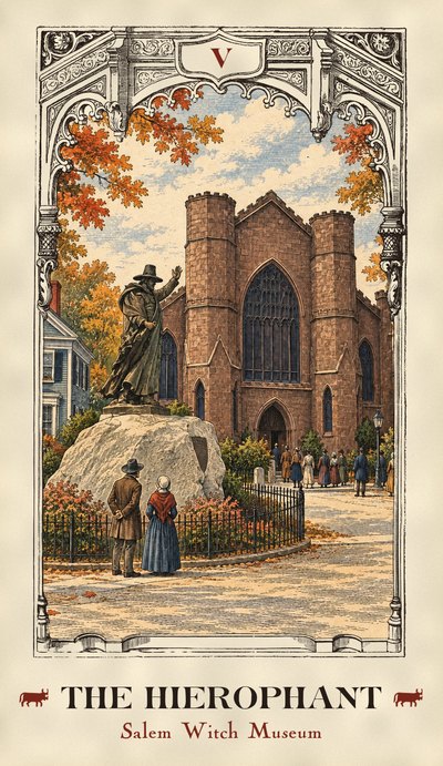 The Hierophant: the Salem Witch Museum building and the Conant statue