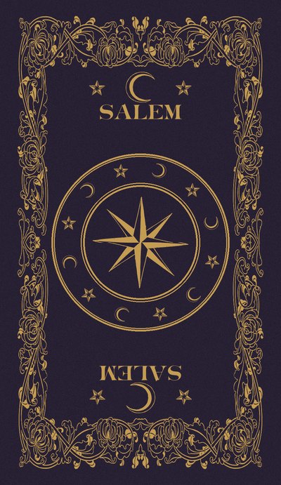 The card back: a gold compass star on night blue, reading Salem both ways up